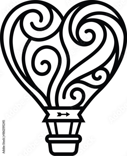 Heart-shaped hot air balloon floating in blue sky vector illustration