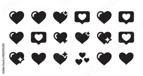 Glossy heart icons with star sparkles and notification box symbols for social networking apps
