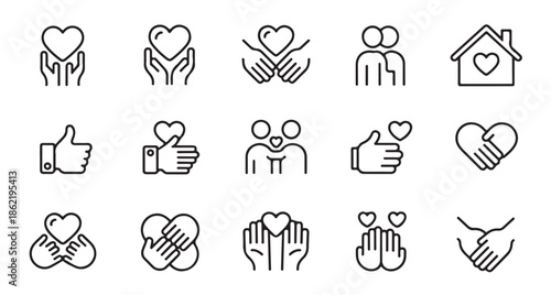 Love and care simple outline icons set, showcasing togetherness and support concepts