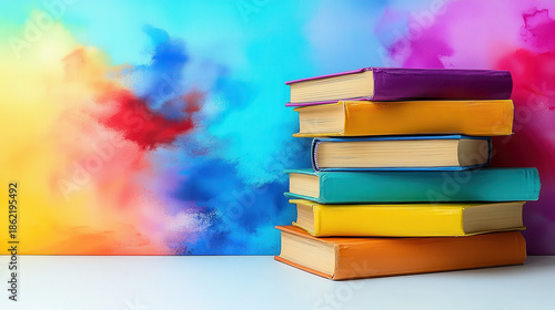 Colorful Stacked Books Against Vibrant Abstract Background