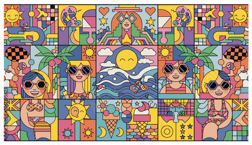 Colorful abstract summer illustration with playful beach theme