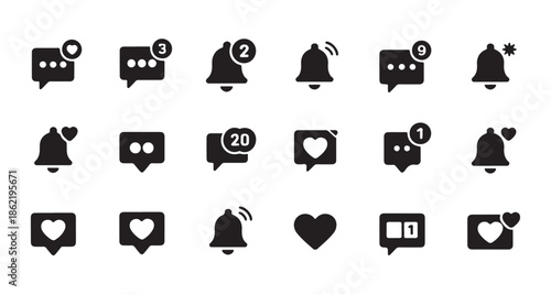 Collection of notification icons showing unread messages bells and hearts with numerical badges