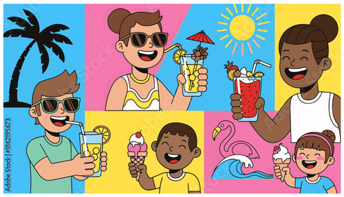 Colorful Cartoon Summer Scene with Happy People Enjoying Drinks and Ice Cream