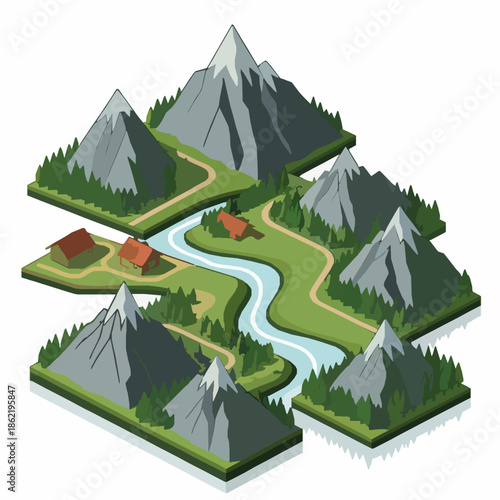 Isometric Mountain Landscape Vector Illustration with Forest and Road