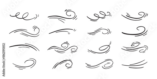 Doodle wind line sketch set. Hand drawn doodle wind air blow, swirl elements.