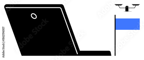 Security, surveillance, technology, communication, data monitoring, quadcopter applications. Quadcopter hovering near a laptop and blue signal flag. Security and surveillance concept