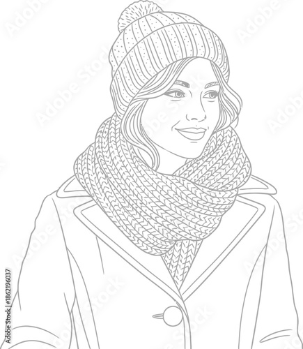 Outline drawing of a smiling young woman bundled up warmly outdoors wearing a knitted pom pom beanie hat and a thick braided scarf over her coat