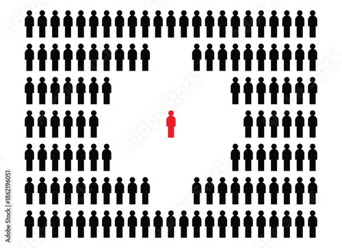 A unique individual stands out. One red person stands out from the mass of people. A special member of society.