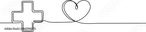 Isolated healthcare medical cross symbol in continuous single line outline style. Minimalist one line drawing vector