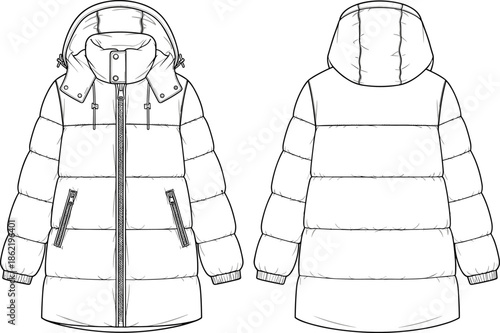 Technical flat sketch padded winter coat front and back view, quilted outerwear design, fashion template, flat vector illustration