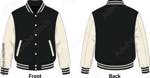 Varsity jacket front and back view illustration, classic sportswear design, fashion apparel sketch, flat vector template, button-up style