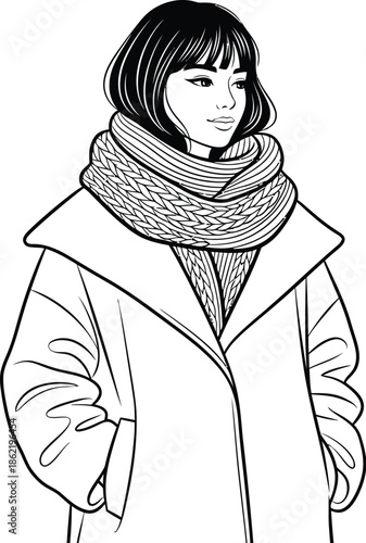 Black and white line art illustration depicting a stylish woman wearing a thick knitted scarf and an oversized winter coat looking calmly toward the side