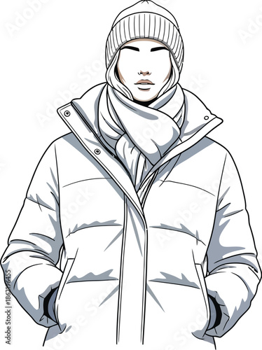 Stylized line art illustration of a person wearing a thick white winter puffer jacket complete with a cozy knit beanie and coordinating scarf for cold weather
