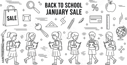 Back to school january sale announcement featuring happy students carrying books and surrounded by various essential educational supplies in a continuous line art pattern