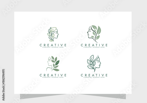 Organic Beauty Line Art Logo set with Woman and Leaves, beauty logo, Skincare icon vector design