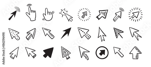 Cursor doodle icon set. Click cursor hand drawn set. Isolated mouse cursor 