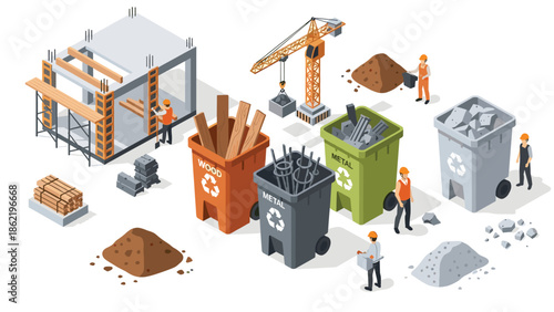 Construction workers recycling materials on a building site with labeled recycling bins