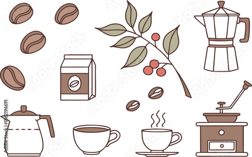 Set of coffee grinder and beans icons featuring a hot espresso cup with steam, cappuccino mug, and cafe beverage illustrations for a brown restaurant logo or kitchen breakfast vector design