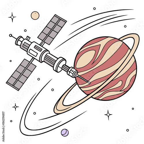 Cartoon satellite orbiting red planet with rings space station