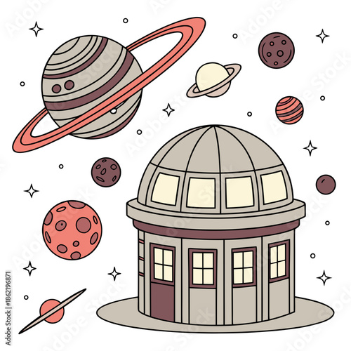 Space colony rotational hub surrounded by planets and stars