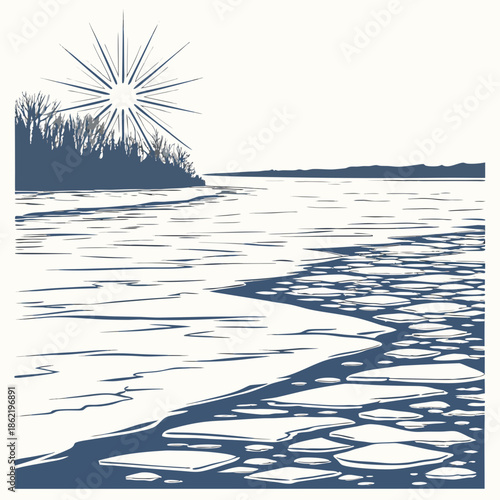 Frozen river layer sunlight reflection white ice floes