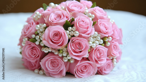 Elegant Pink Rose Bouquet with Pearls on Soft White Fabric