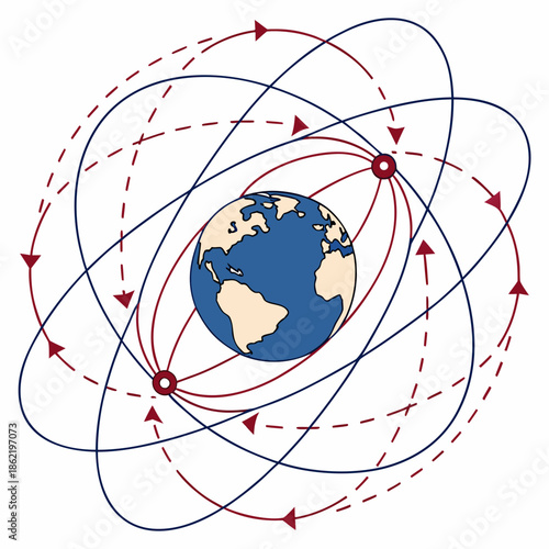 3 D orbital mechanics mesh around Earth with red and blue lines