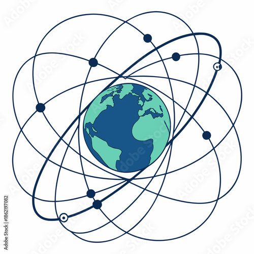 3 D orbital mechanics mesh around Earth with white background