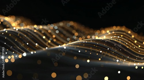 A stunning video visualization of golden particles flowing in a wavelike motion against a dark background