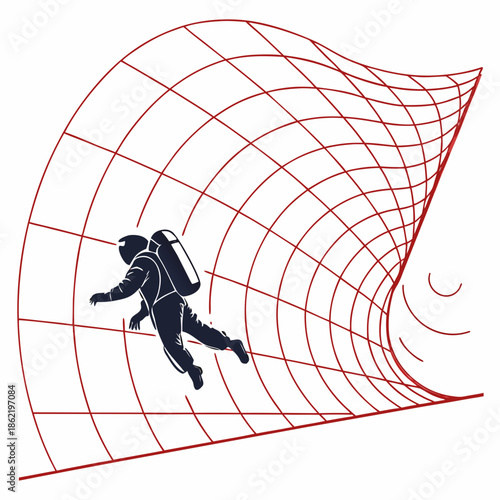 Astronaut floating near warped grid representing gravity pull zones