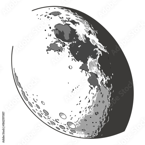 Grayscale moon with craters and shadow lunar surface