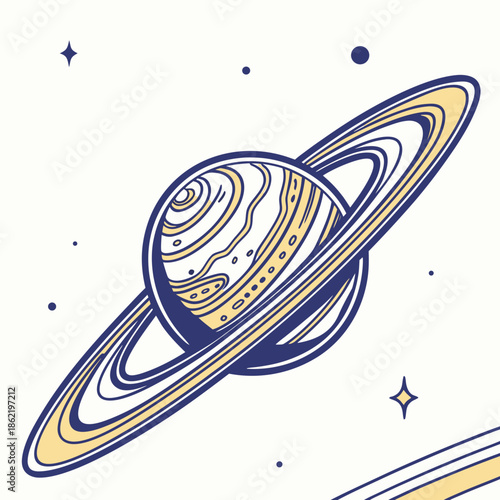 Saturn planet with yellow and blue rings in space stars