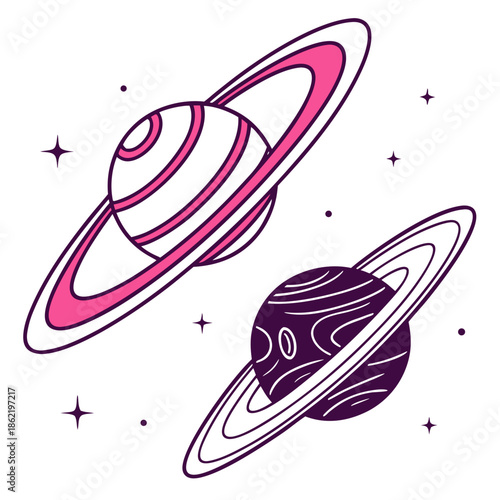 Two planets with rings colliding in space purple pink