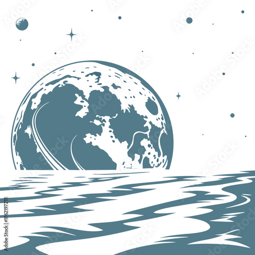 Teal planet rising over ocean with stars and moons