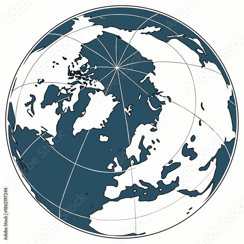 Blue and white globe with polar ice caps and grid lines