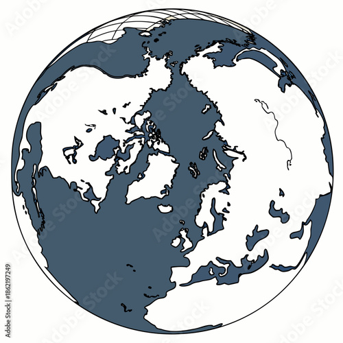 Earth globe with polar ice caps in dark blue on white background