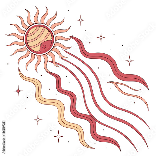 Sun with wavy rays and stars on white background solar