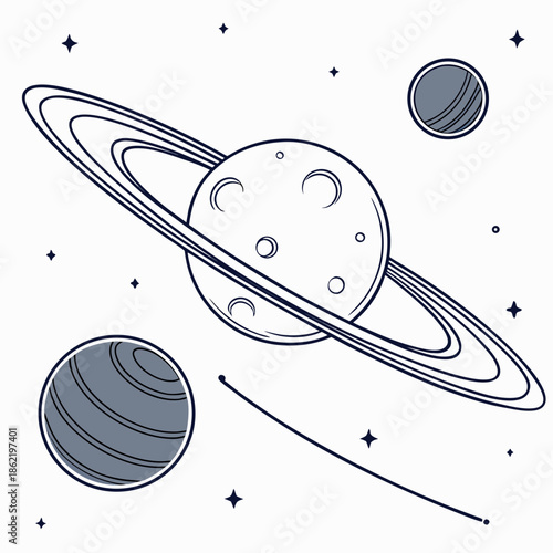 Planet with dual moons and ring system in space astronomy