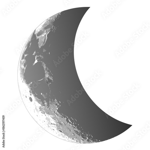 Crescent Moon in Partial Phase on White Background