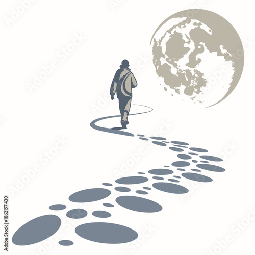 Man walking on elliptical pathway to moon