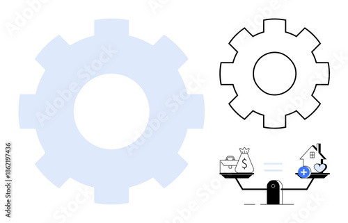 Financial planning. Simplified gear and balance scale with icons of money, real estate, and savings. Financial planning for budgeting, investments, and property decisions. For economy, real estate