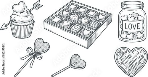 Cupcake and sweets collection for Valentine's Day vector illustration
