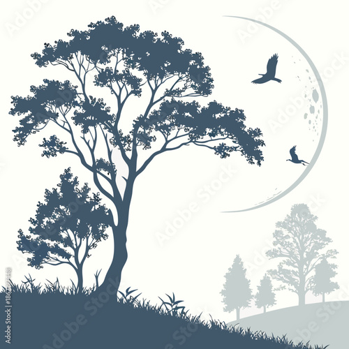 Moonlit tree silhouettes with birds and crescent moon
