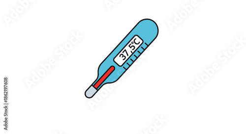 Illustration of a blue digital thermometer showing a temperature reading of 37.5 degrees Celsius, indicating a mild fever.