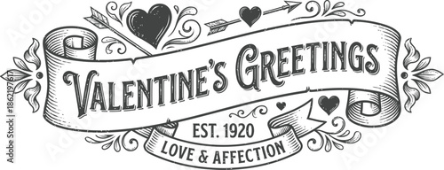 Valentine banner template vector with vintage heart floral ornaments