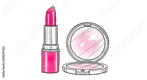 Pink lipstick and compact isolated on transparent background isolated on transparent background, isolated on white background