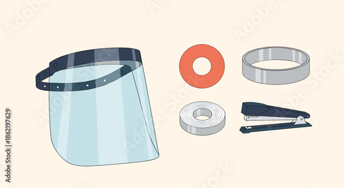 Collection of materials for making a DIY face shield including a clear plastic visor, elastic band, tape, and a stapler.