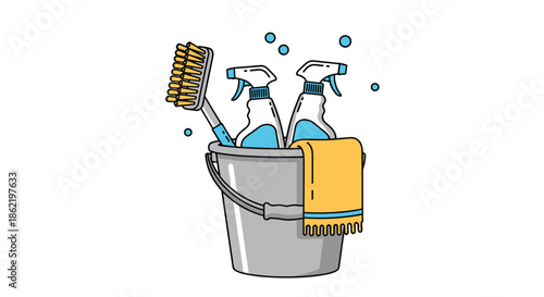 Cleaning bucket filled with supplies including two spray bottles and a scrubbing brush, with a yellow cloth draped over.