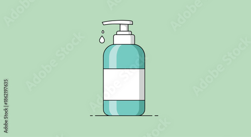 Clean illustration of a teal blue soap dispenser bottle with a single drop falling from the pump, on a green background.
