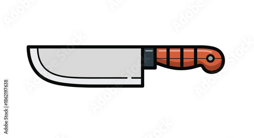 Simple flat illustration of a kitchen knife with a large silver blade and a brown wooden handle, isolated on white.